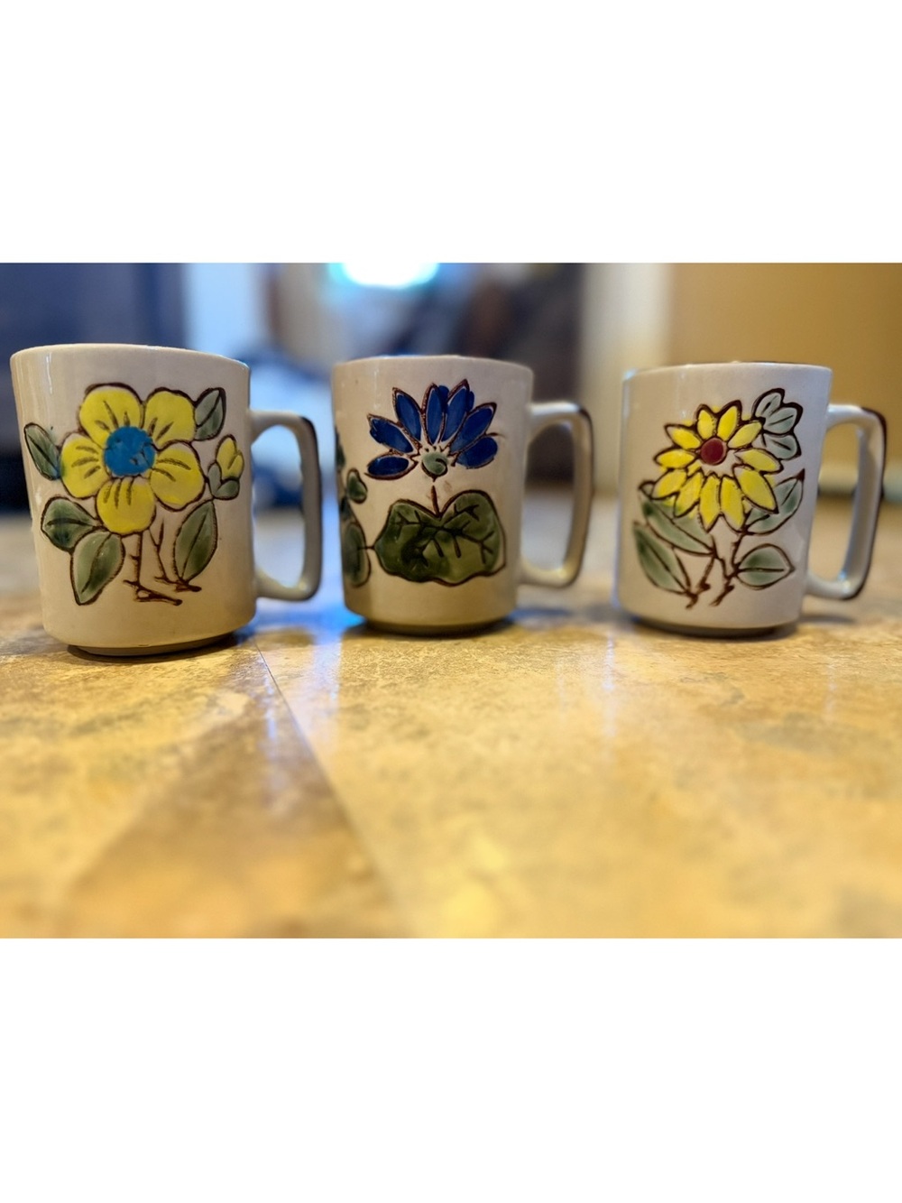 3 Vintage 70’s Hand-Painted Floral Ceramic Mug - Blue and Yellow cottage retro